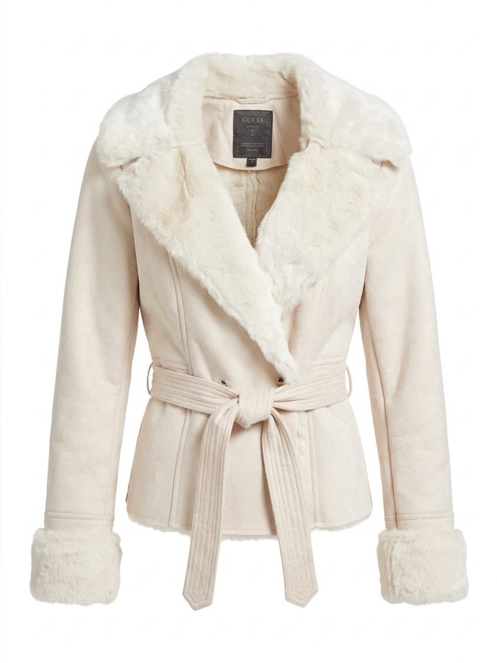 GUESS Cream Faux-Fur Collar Belted Teddy Jacket